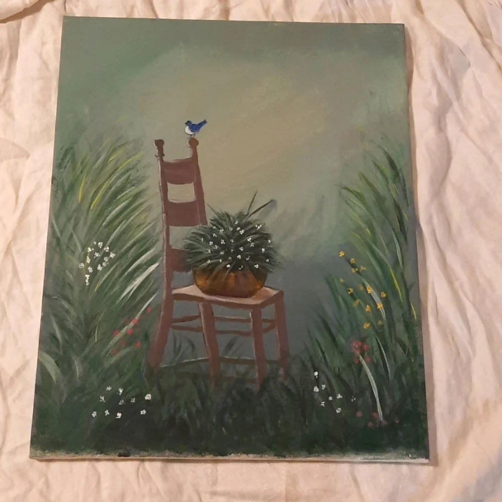Green tones chair and flowers Folk Art painting 16 × 20